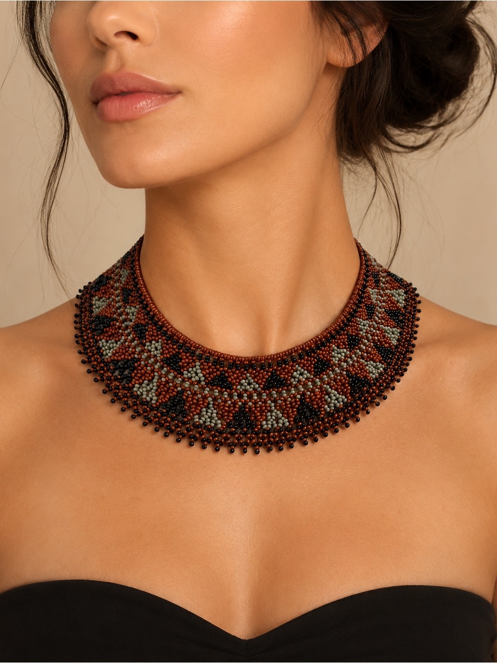 Beaded Statement Collar Necklace - Black & Brown